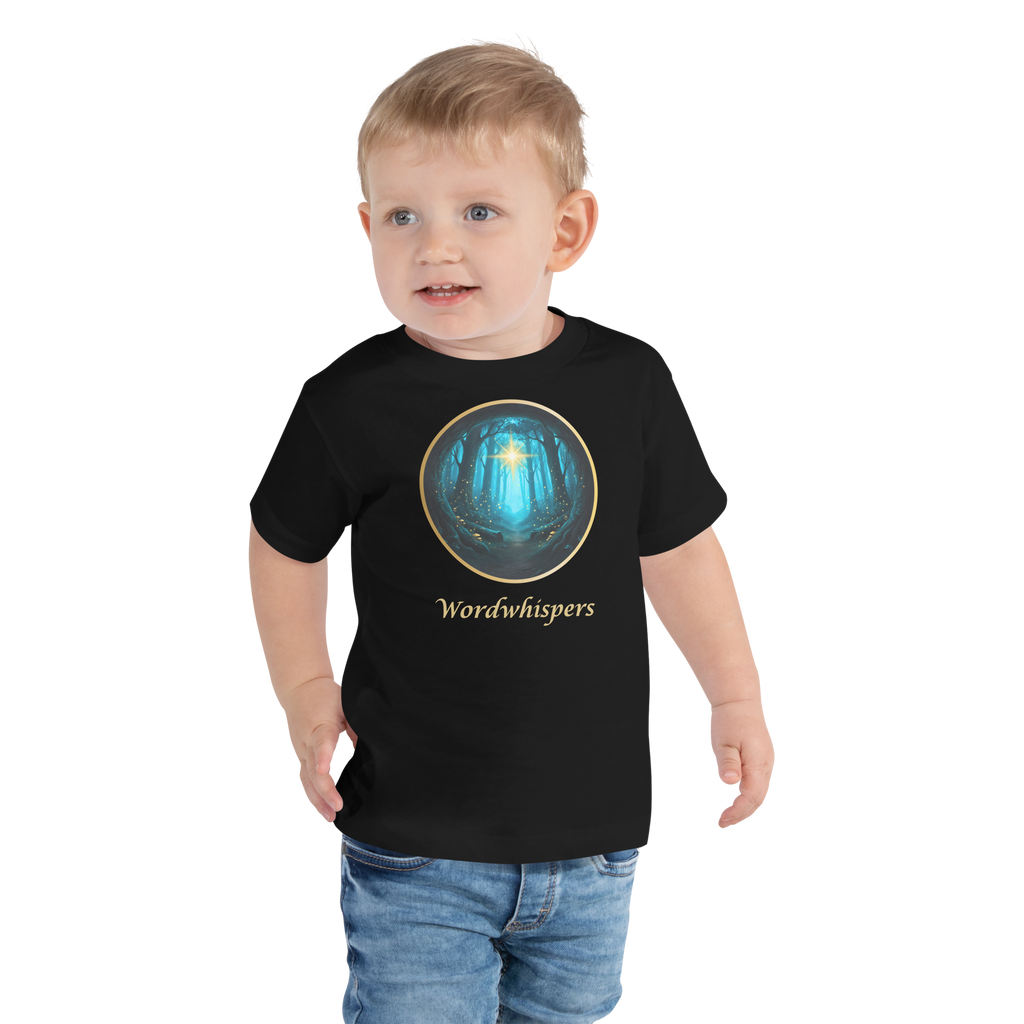 black Glimmer of Light t-shirt with glowing enchanted forest design and Wordwhispers brand name — sizes 2T to 5T