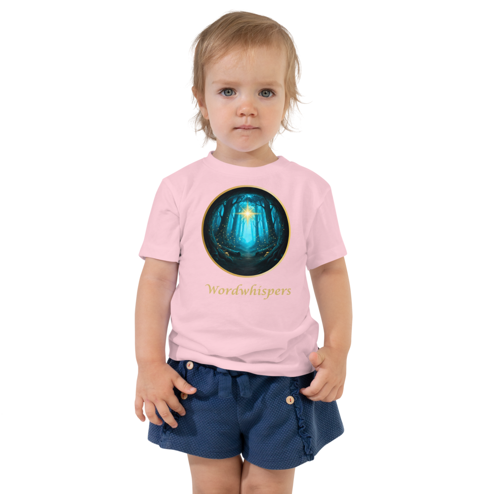 pink Glimmer of Light t-shirt with glowing enchanted forest design and Wordwhispers brand name — sizes 2T to 5T