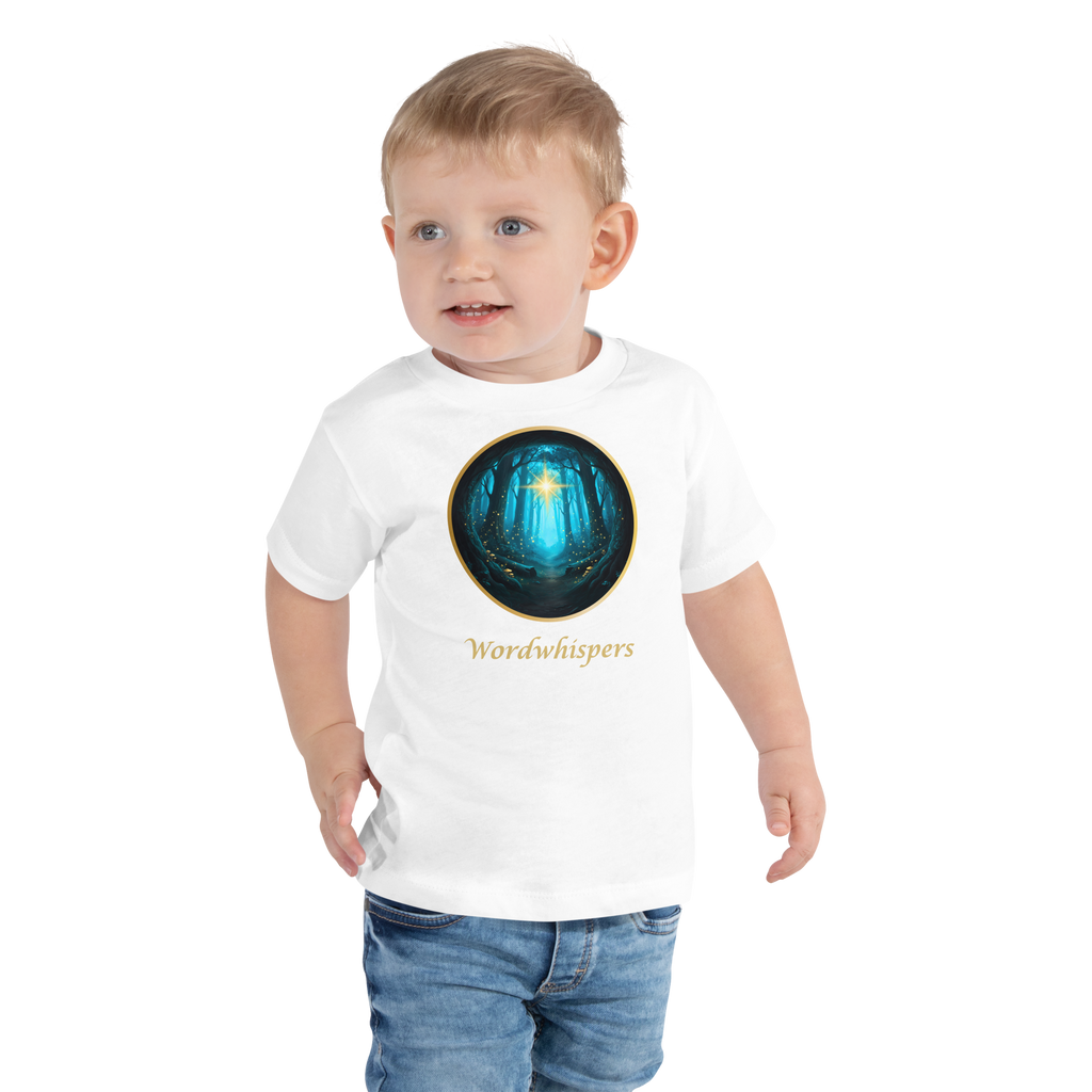 white Glimmer of Light t-shirt with glowing enchanted forest design and Wordwhispers brand name — sizes 2T to 5T