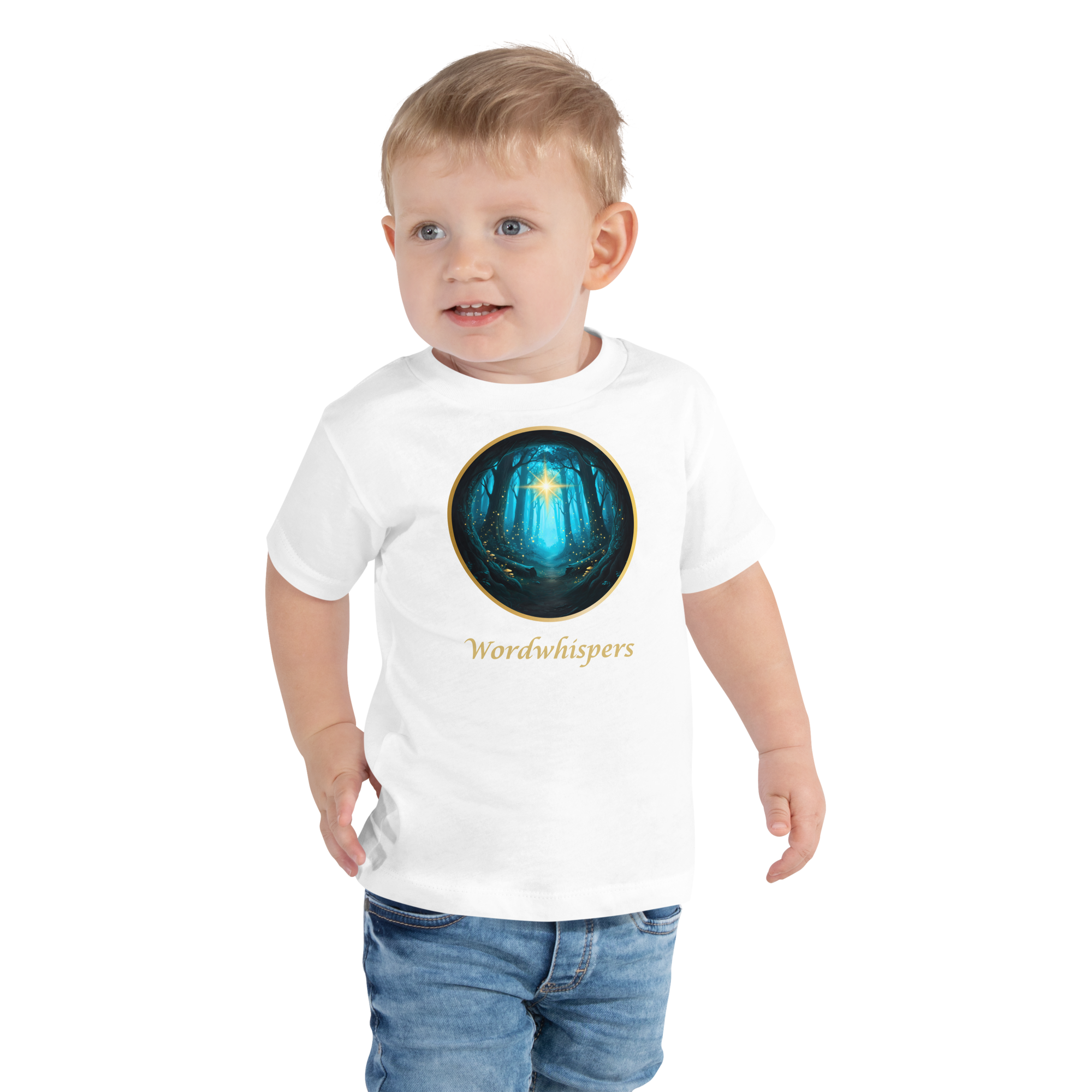 white Glimmer of Light t-shirt with glowing enchanted forest design and Wordwhispers brand name — sizes 2T to 5T