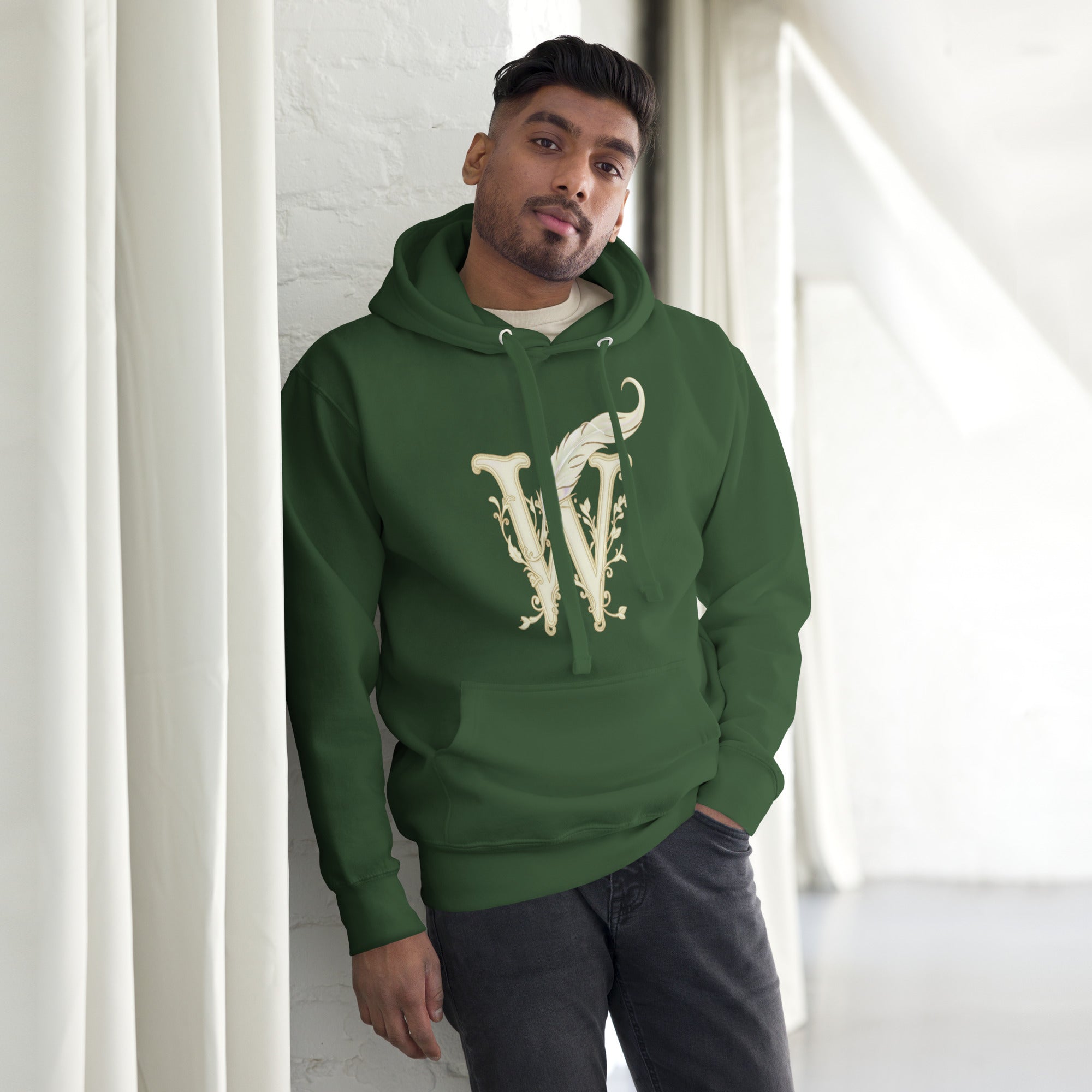 Book lover premium hoodie - forest green - Wordwhispers cream logo front - unisex literary apparel