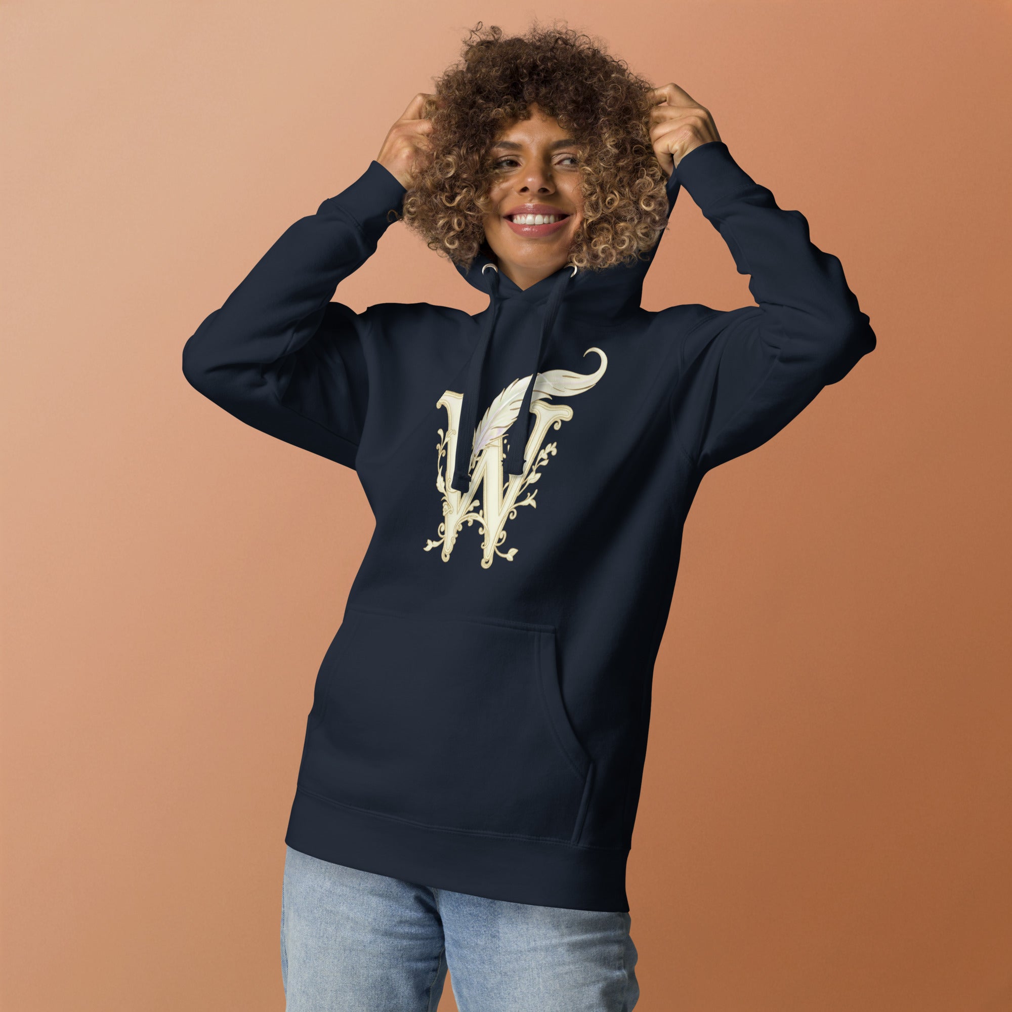 Book lover premium hoodie - navy blazer - Wordwhispers cream logo front - unisex literary apparel