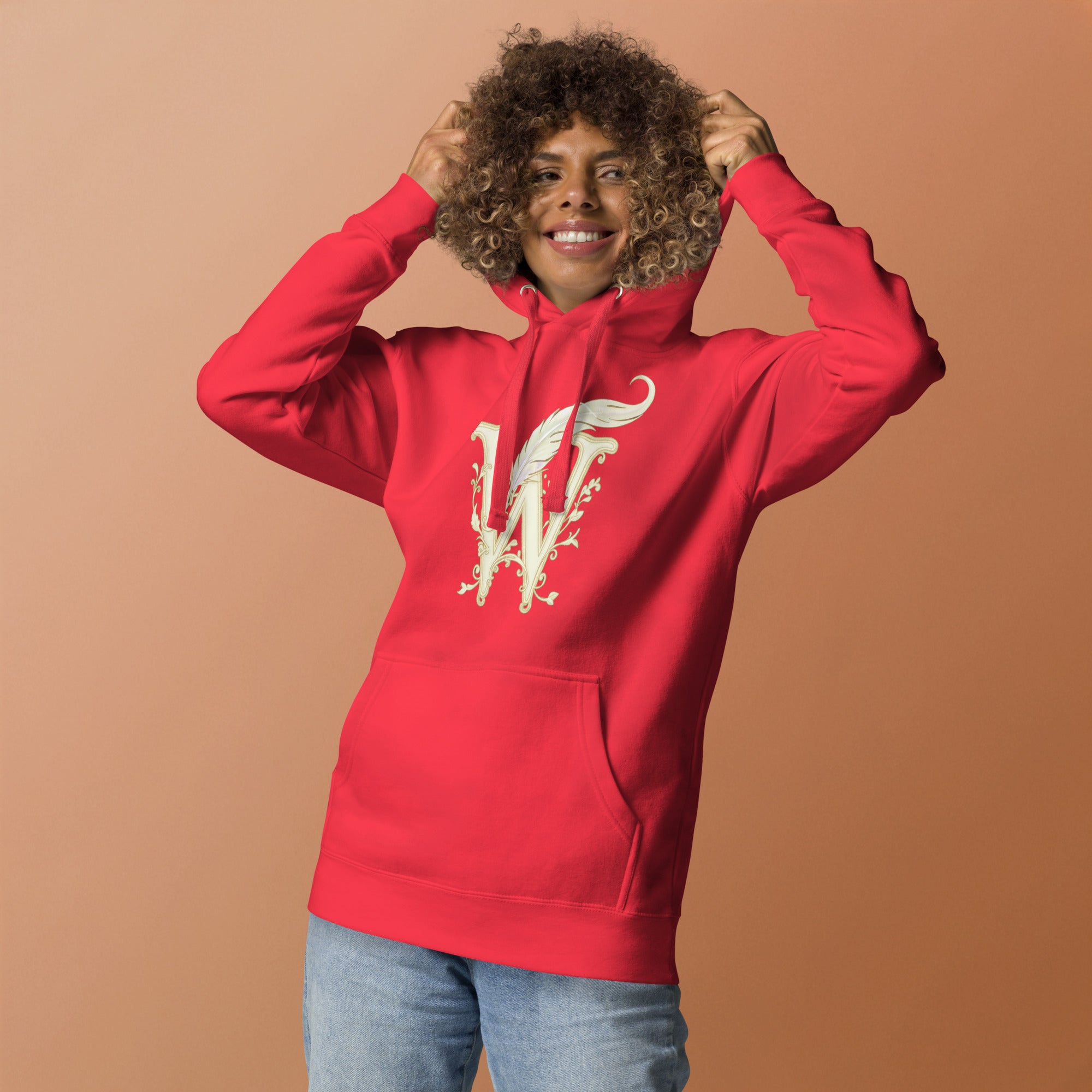 Book lover premium hoodie - team red - Wordwhispers cream logo front - unisex literary apparel