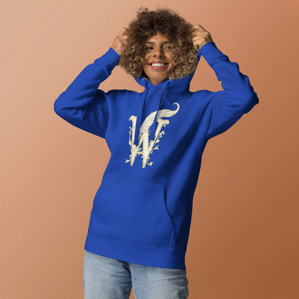 Book lover premium hoodie team - royal - Wordwhispers cream logo front - unisex literary apparel
