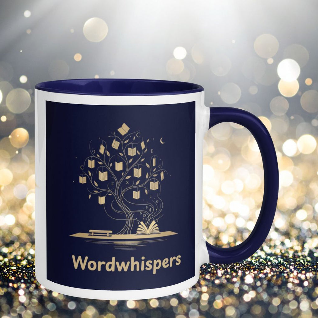 Book lover mug blue accent - Enchanted Tree Story Magic - front view 11oz ceramic mug blue interior