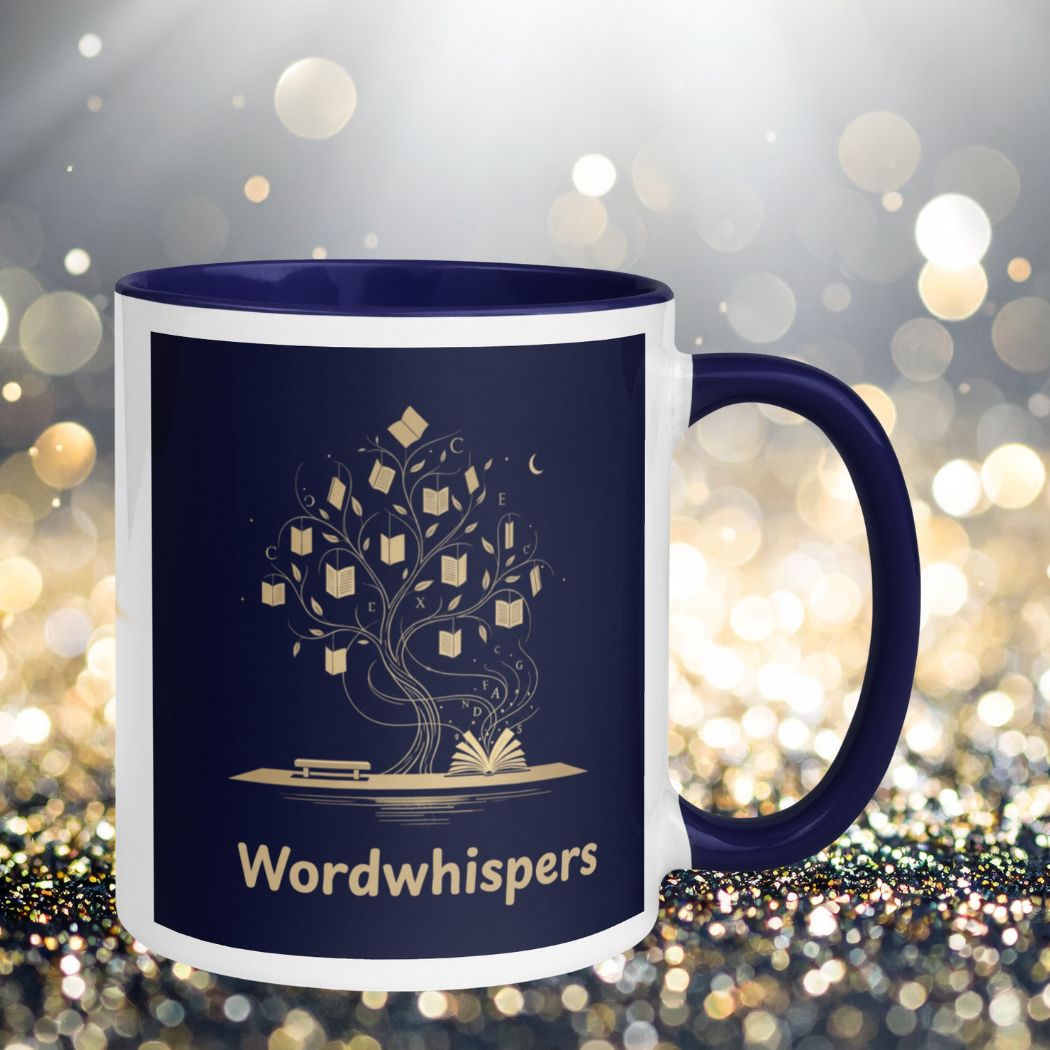 Book lover mug blue accent - Enchanted Tree Story Magic - front view 11oz ceramic mug blue interior