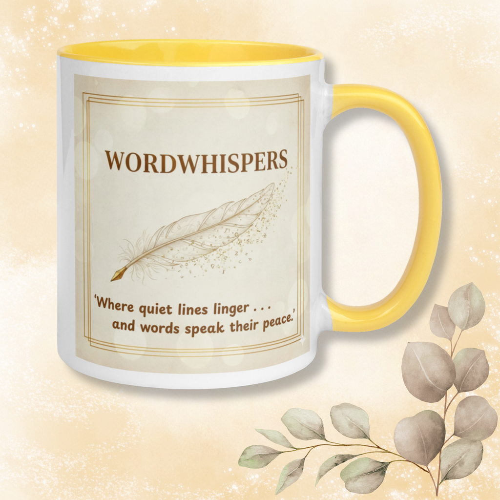 Wordwhispers Feather Whisper mug - yellow accent handle - feather and quote design on front - 11oz ceramic mug