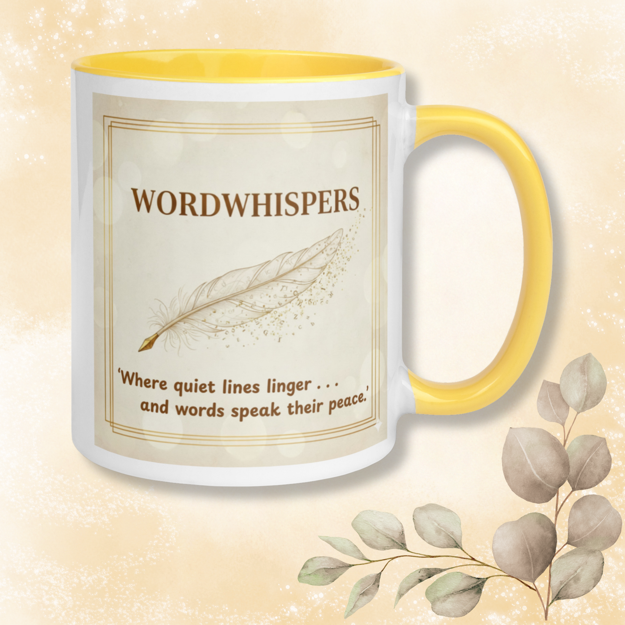 Wordwhispers Feather Whisper mug - yellow accent handle - feather and quote design on front - 11oz ceramic mug