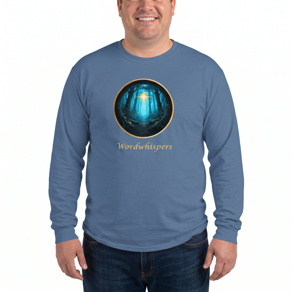 Glimmer of Light long sleeve shirt featuring a gold-bordered forest scene with a glowing light in indigo blue