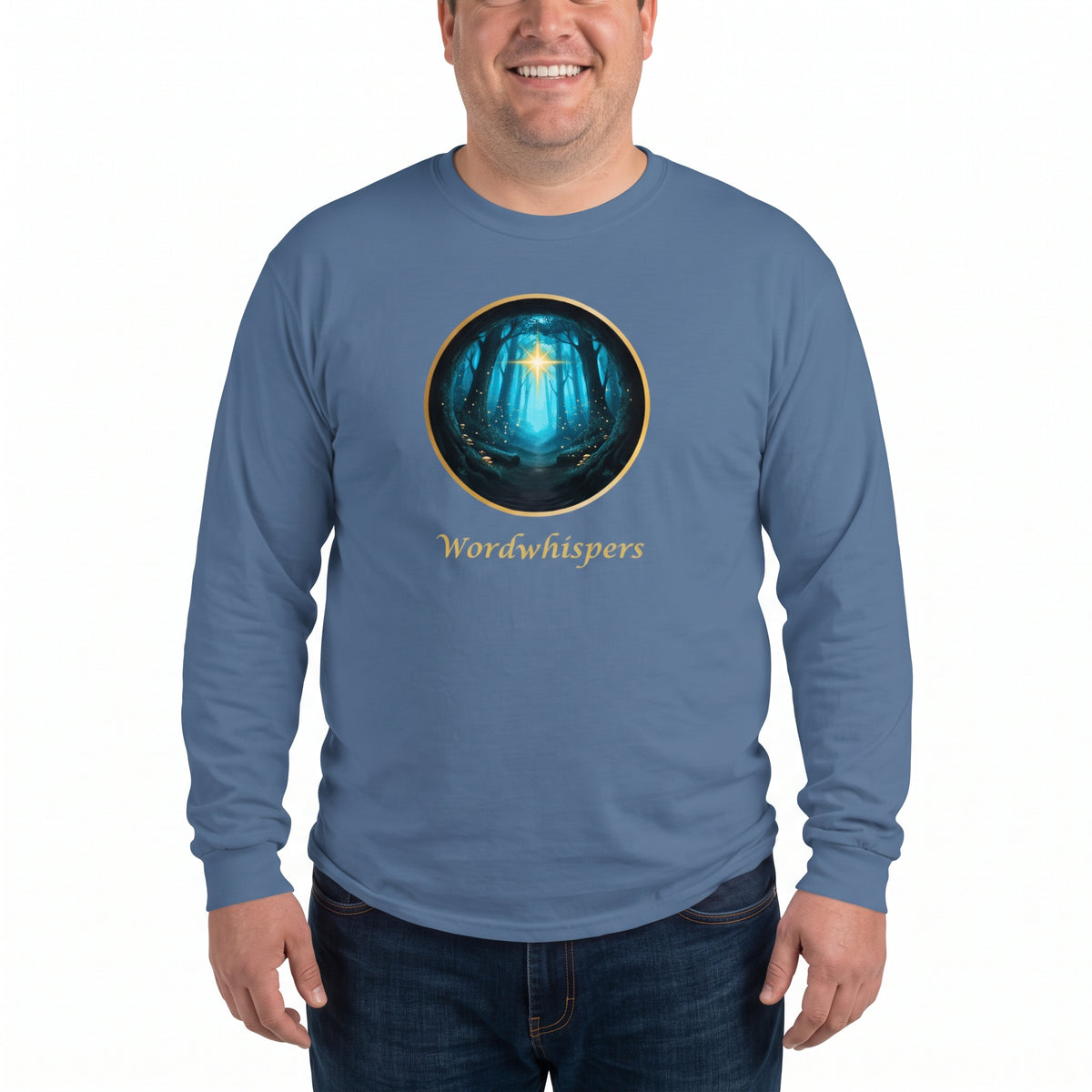Glimmer of Light long sleeve shirt featuring a gold-bordered forest scene with a glowing light in indigo blue