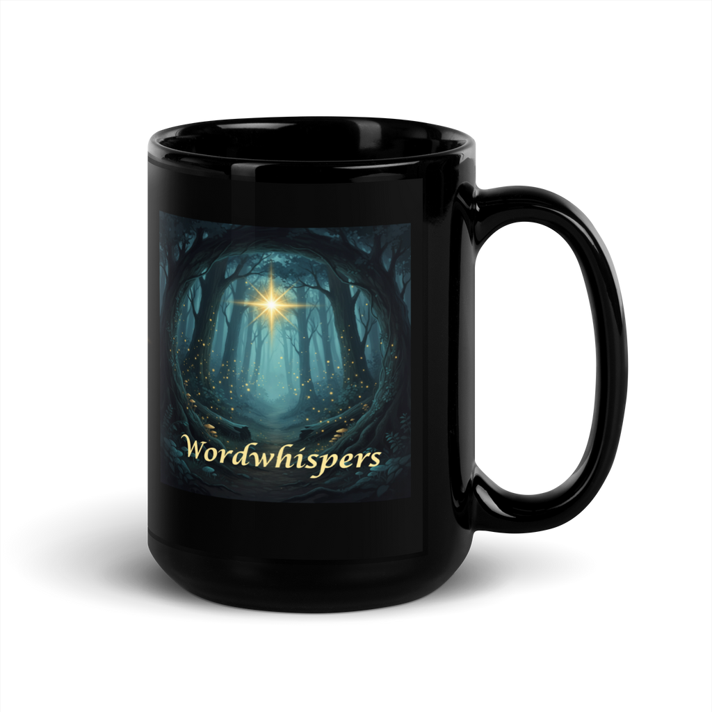Midnight Glimmer Guiding Light, black 15oz ceramic mug with illuminated star design