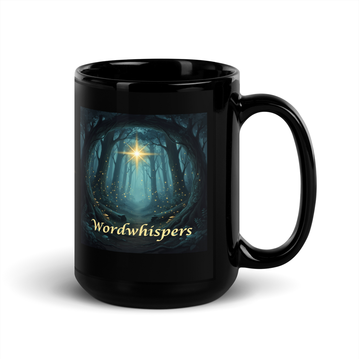 Midnight Glimmer Guiding Light, black 15oz ceramic mug with illuminated star design