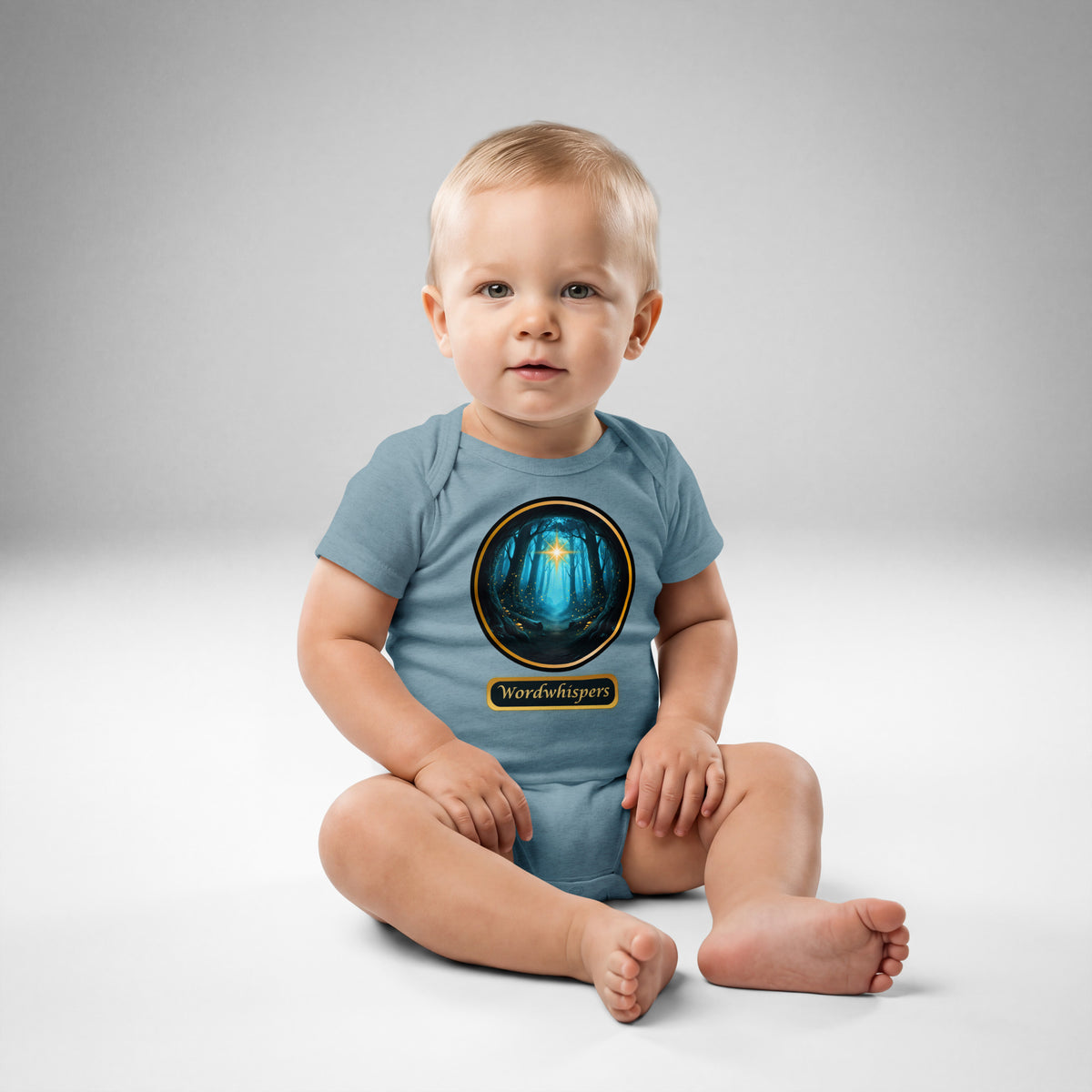 Little Bookworm Glimmer of Light baby bodysuit in vintage indigo