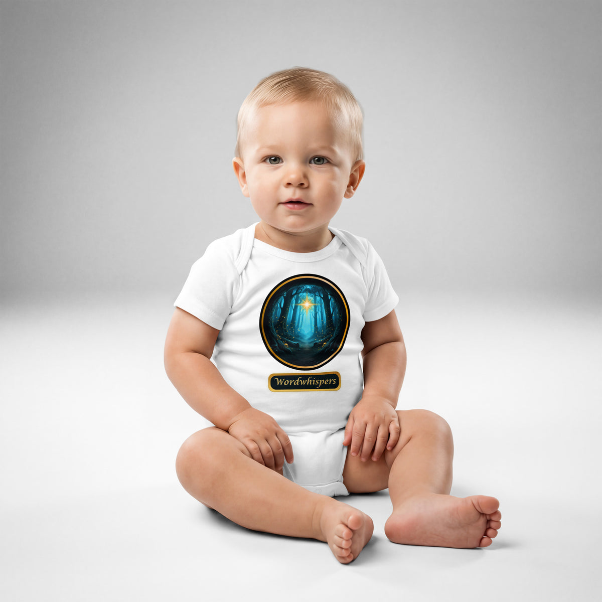 Little Bookworm Glimmer of Light baby bodysuit in white