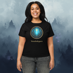 Woman modeling high-waisted t-shirt with Glimmer of Light design and forest background - black