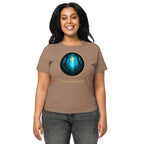 Woman modeling high-waisted t-shirt with Glimmer of Light design and forest background - latte