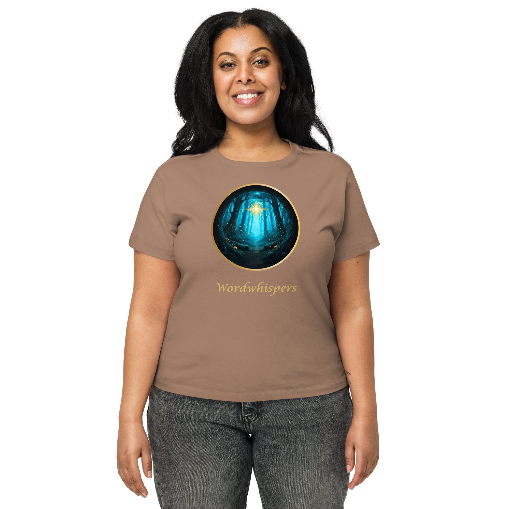 Woman modeling high-waisted t-shirt with Glimmer of Light design and forest background - latte