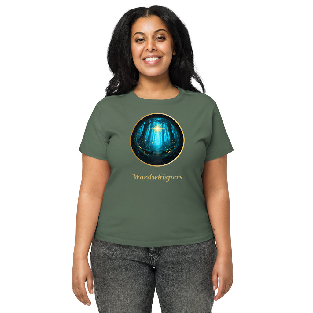 Woman modeling high-waisted t-shirt with Glimmer of Light design and forest background - pine