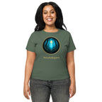 Woman modeling high-waisted t-shirt with Glimmer of Light design and forest background - pine
