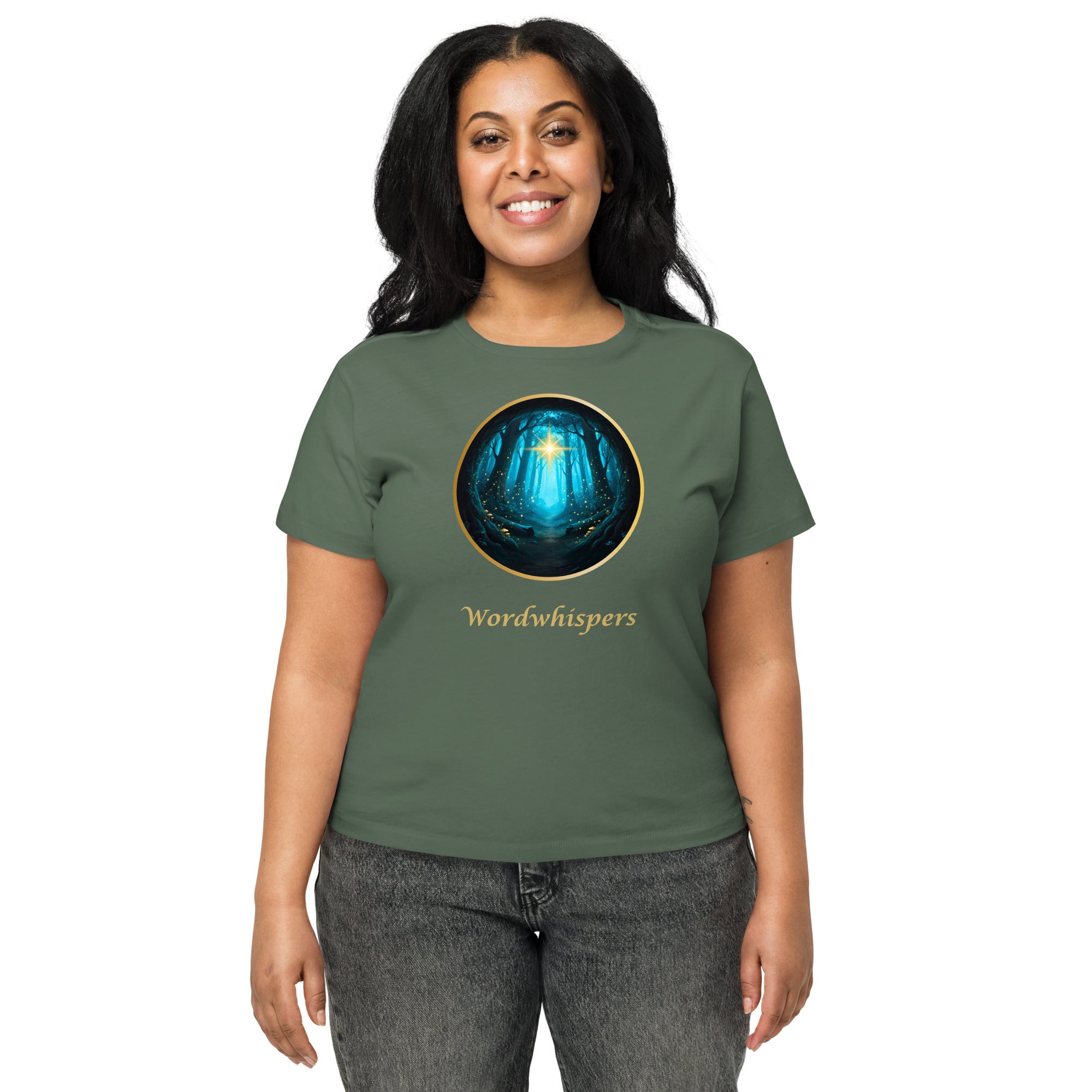Woman modeling high-waisted t-shirt with Glimmer of Light design and forest background - pine