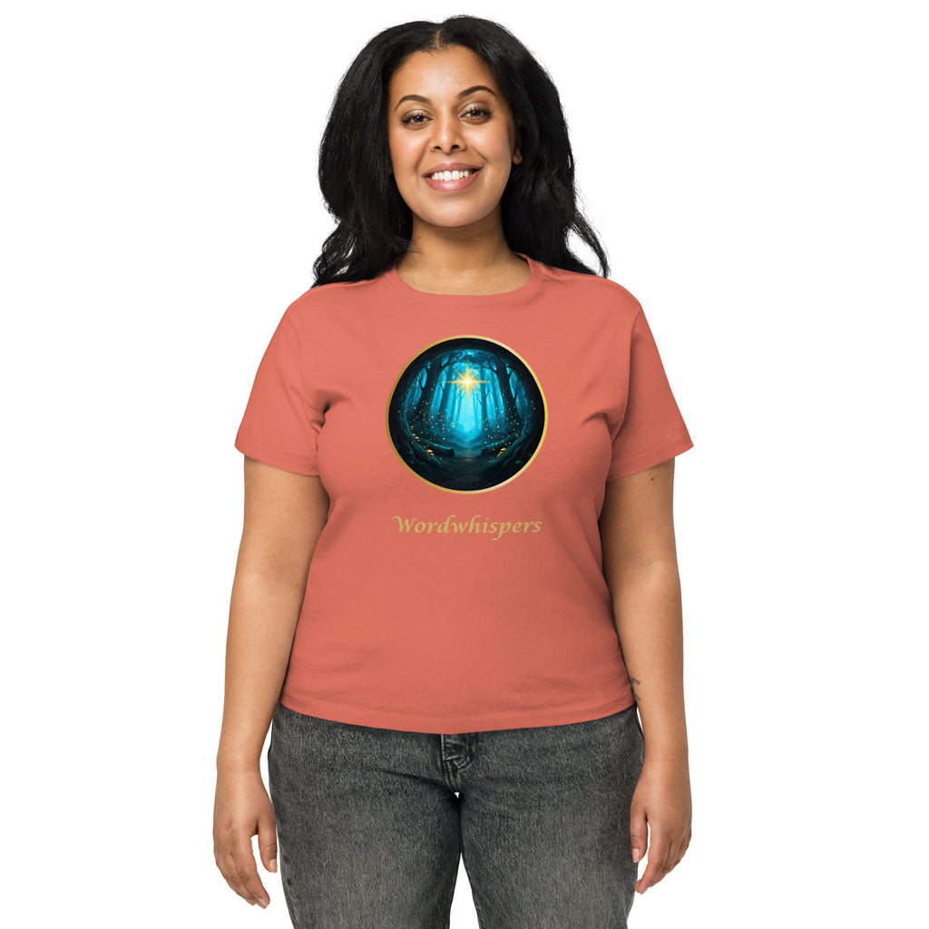 Woman modeling high-waisted t-shirt with Glimmer of Light design and forest background - sorbet