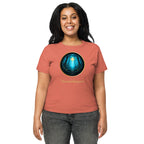 Woman modeling high-waisted t-shirt with Glimmer of Light design and forest background - sorbet