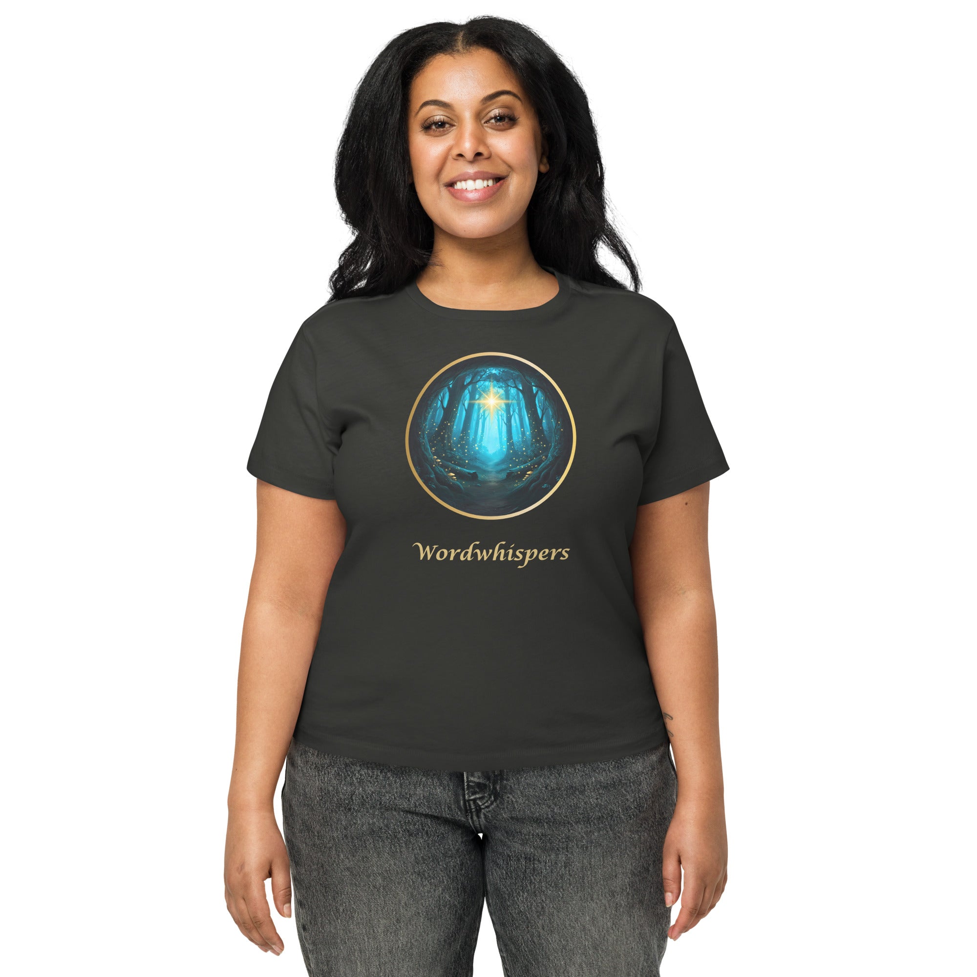 Woman modeling high-waisted t-shirt with Glimmer of Light design and forest background - vintage black