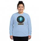 Glimmer of Light long sleeve shirt featuring a gold-bordered forest scene with a glowing light in light blue