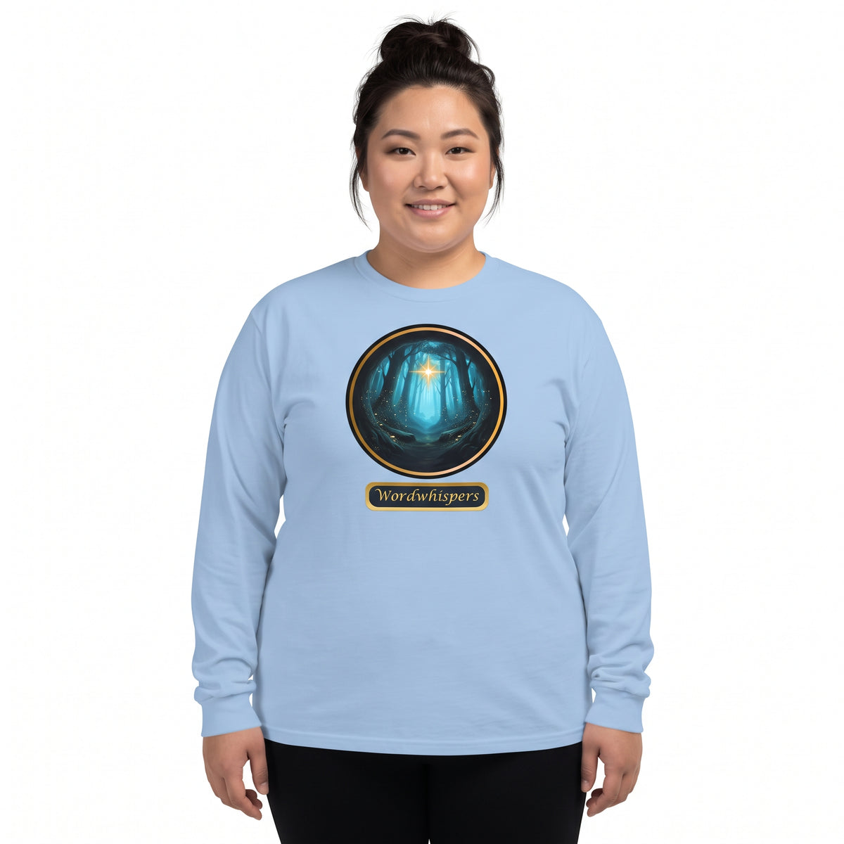 Glimmer of Light long sleeve shirt featuring a gold-bordered forest scene with a glowing light in light blue