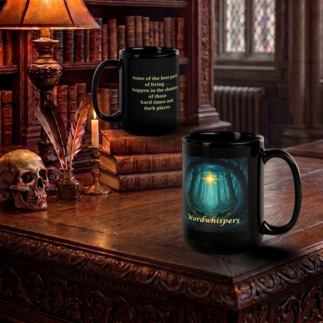 Midnight Glimmer Guiding Light, black 15oz ceramic mug with illuminated star design