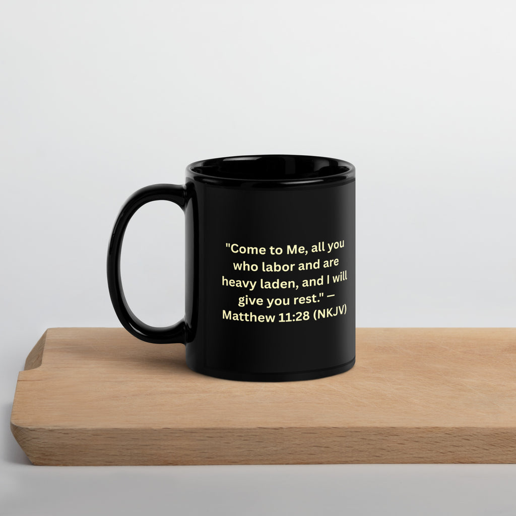  Inspirational mug black - Promise of Rest Matthew 11:28 - back view