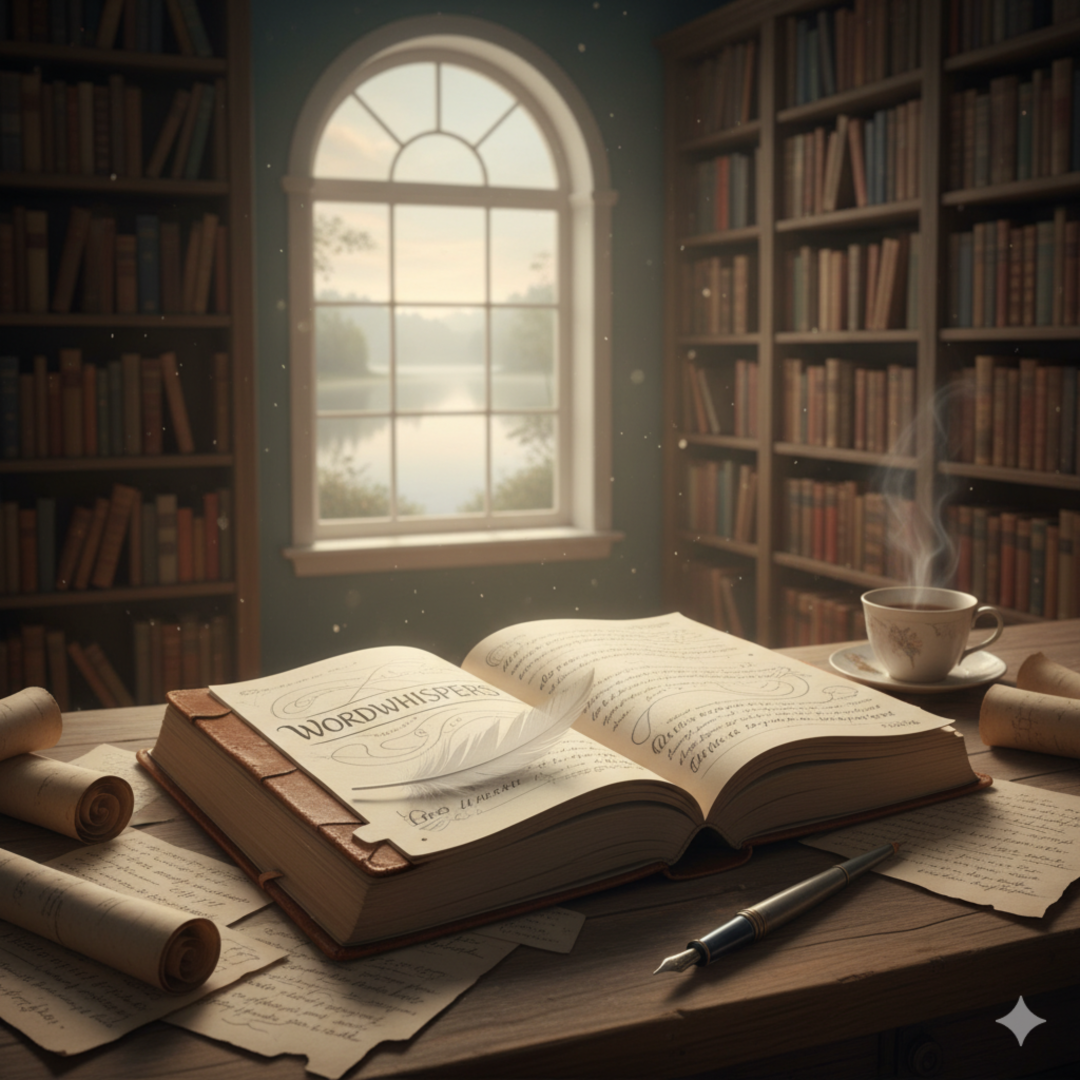 Image- Library Whisper design featuring towering bookshelves, a serene window view, and an open book