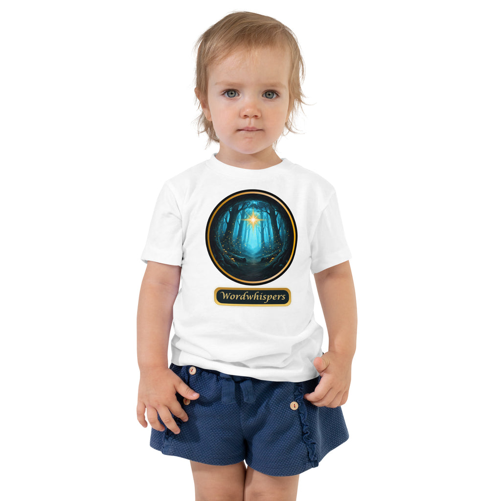 Glimmer of Light t-shirt with glowing enchanted forest design and Wordwhispers brand name — sizes 2T to 5T- white