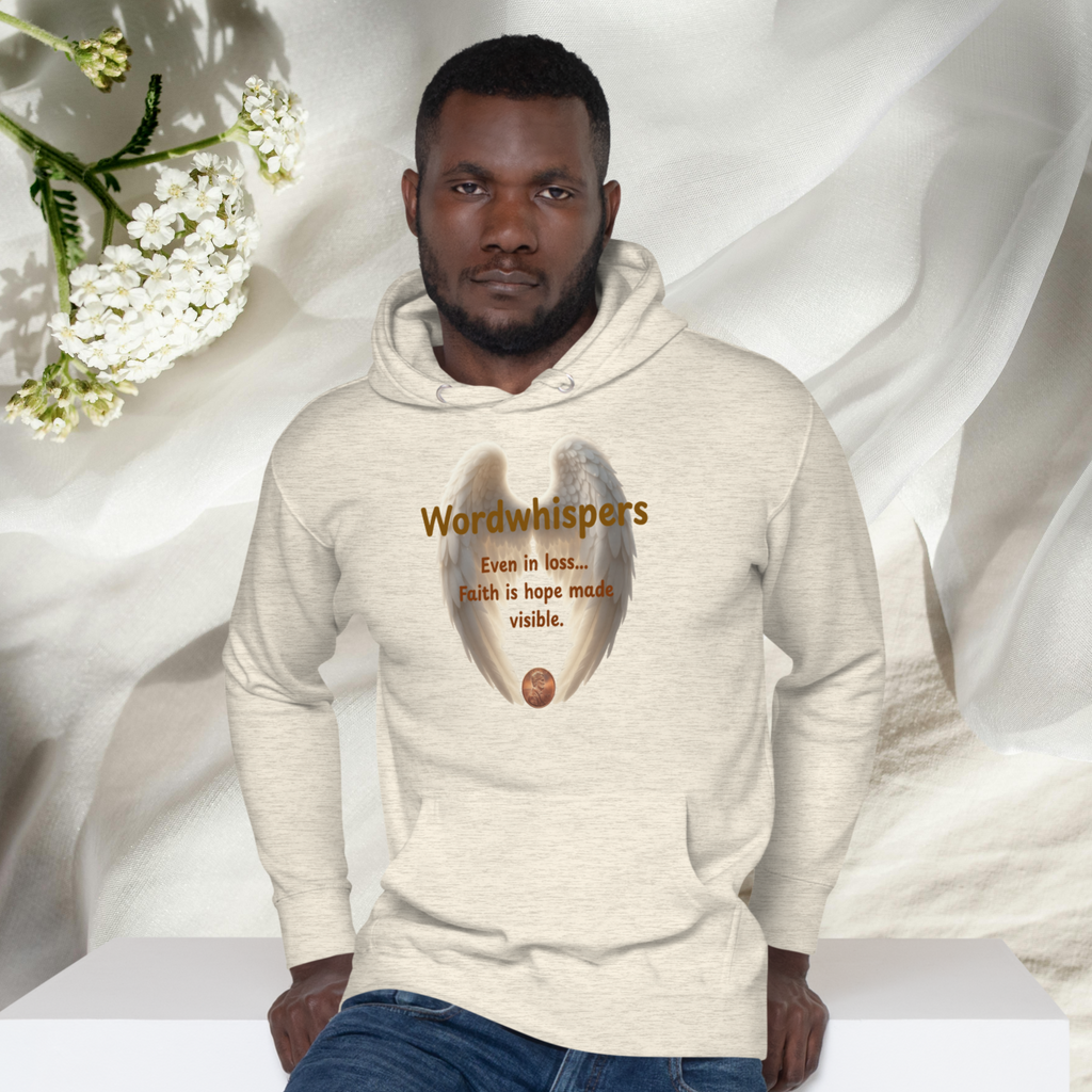 Pennies From Heaven unisex pullover hoodie, front view, with angel wings and penny design, in oatmeal heather"