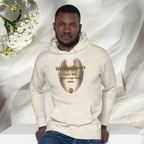 Pennies From Heaven unisex pullover hoodie, front view, with angel wings and penny design, in oatmeal heather"