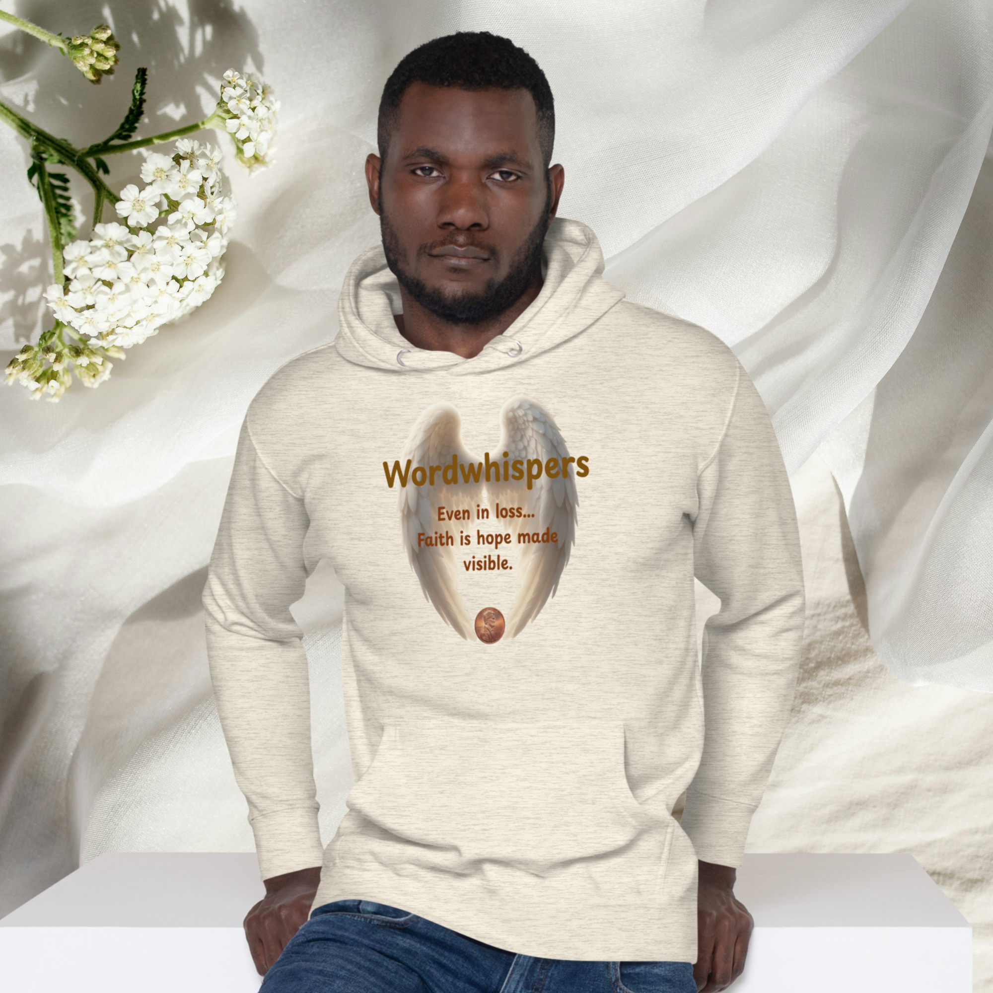 Pennies From Heaven unisex pullover hoodie, front view, with angel wings and penny design, in oatmeal heather"