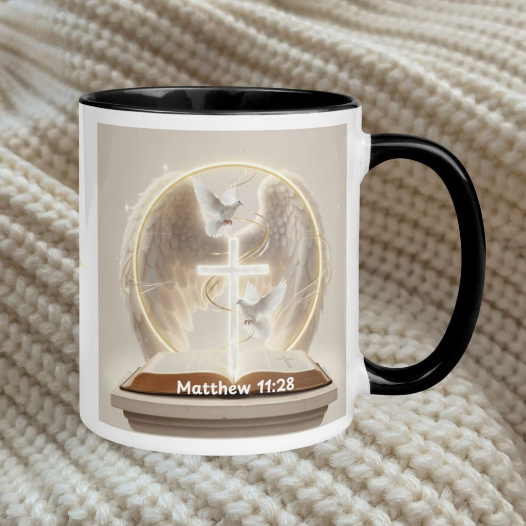 Inspirational mug accent - Promise of Rest Matthew 11:28 - 11oz ceramic mug black interior
