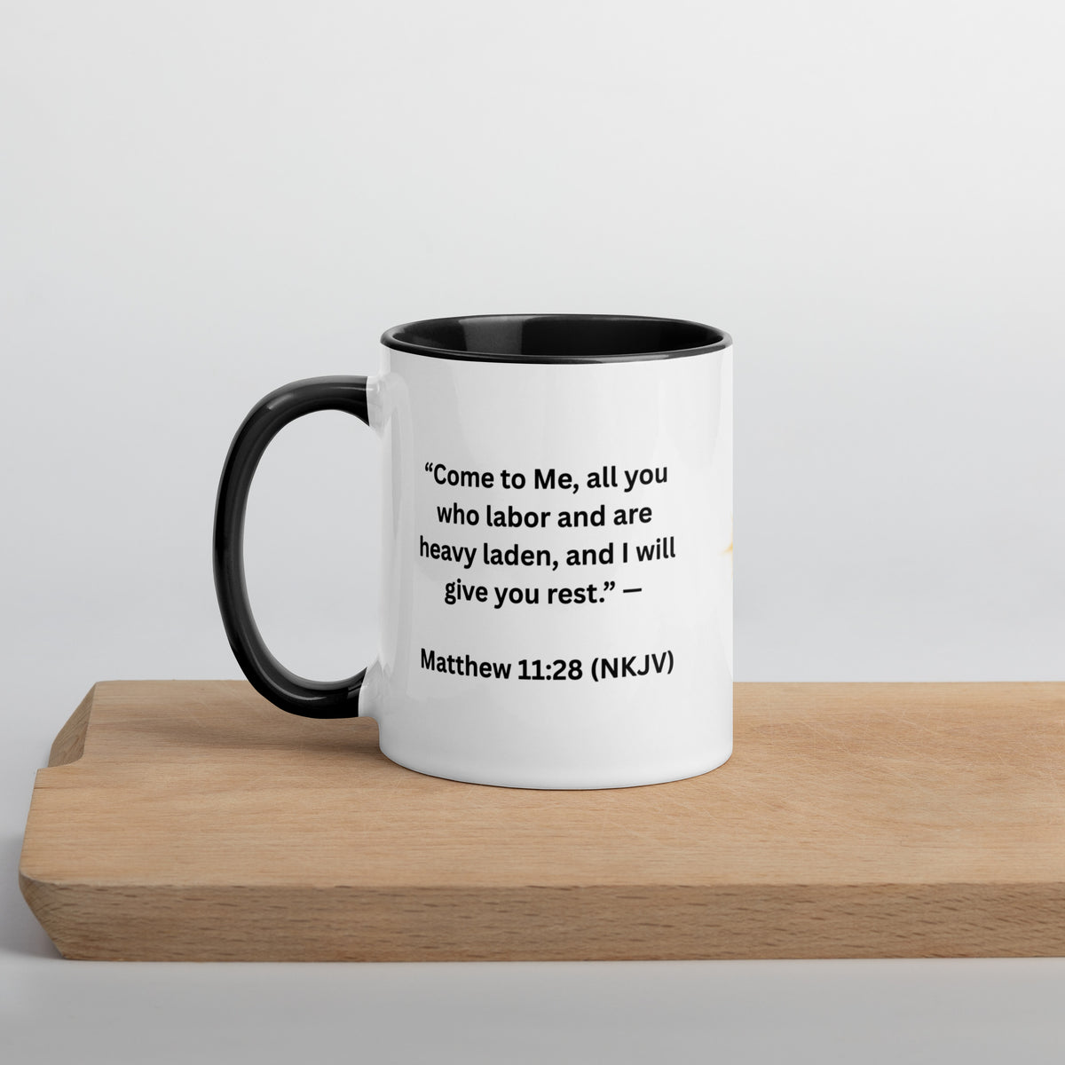 Quote-Inspirational mug accent - Promise of Rest Matthew 11:28 left view - faith gift