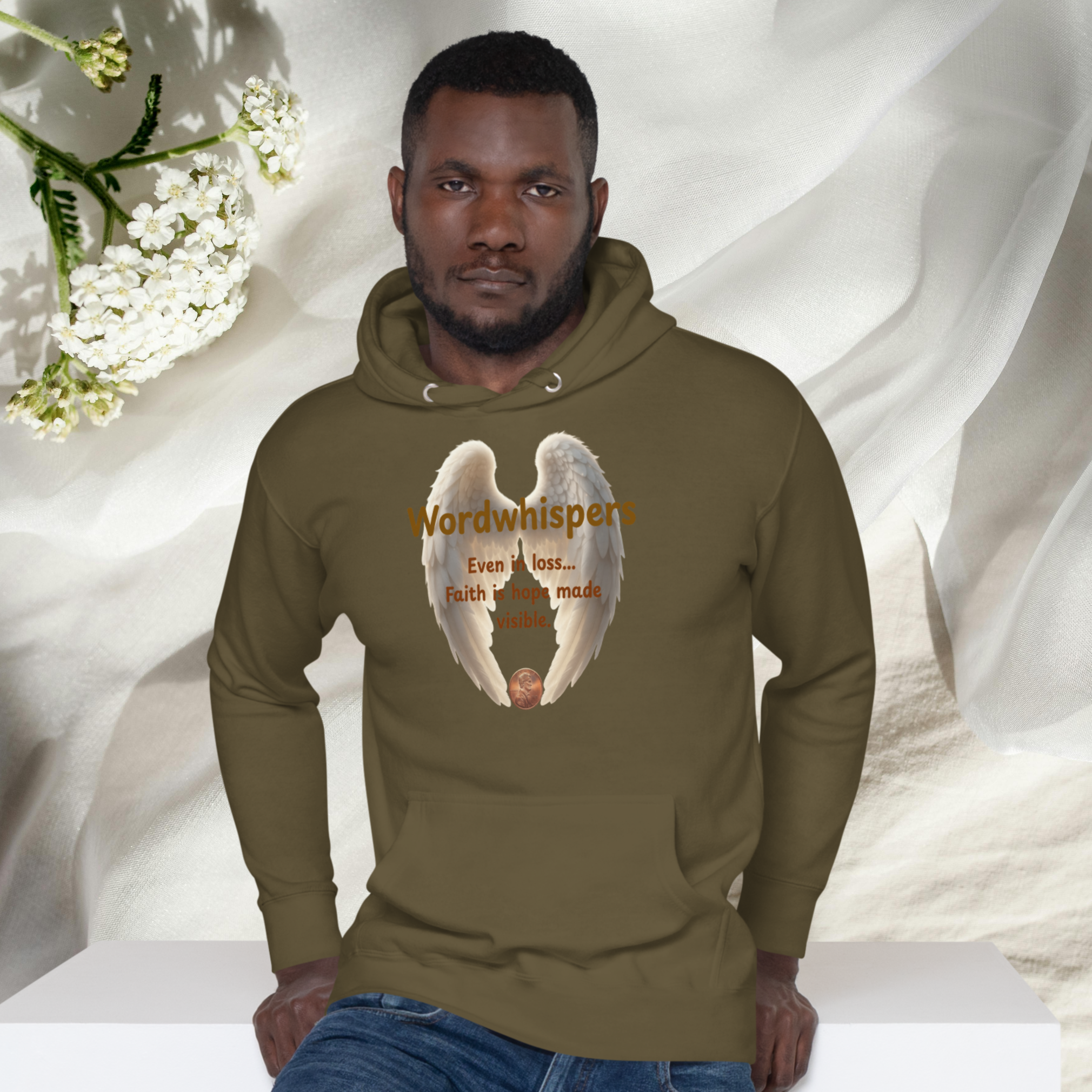 Pennies From Heaven unisex pullover hoodie, front view, with angel wings and penny design, in military green