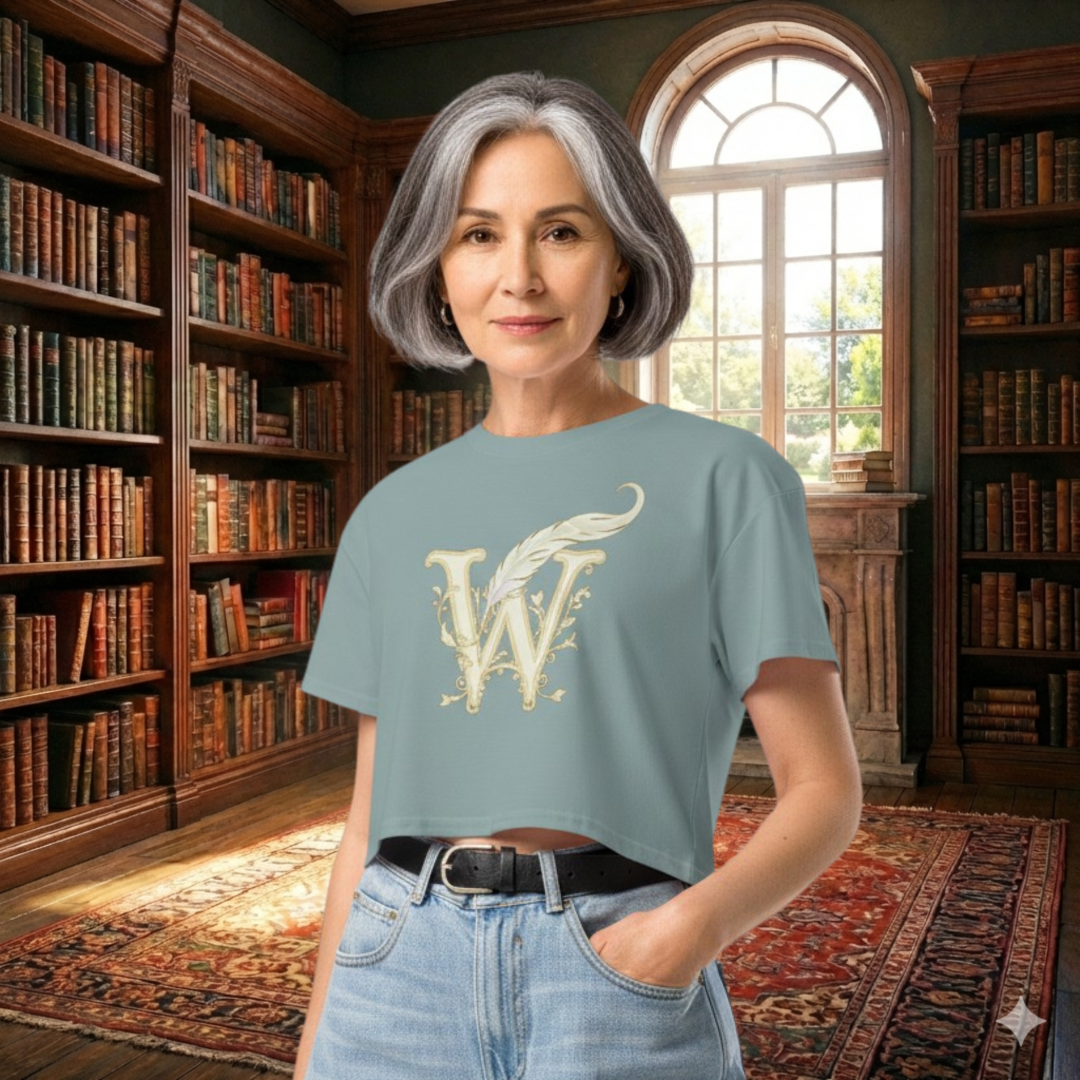 Book lover crop top - model wearing women's literary apparel
