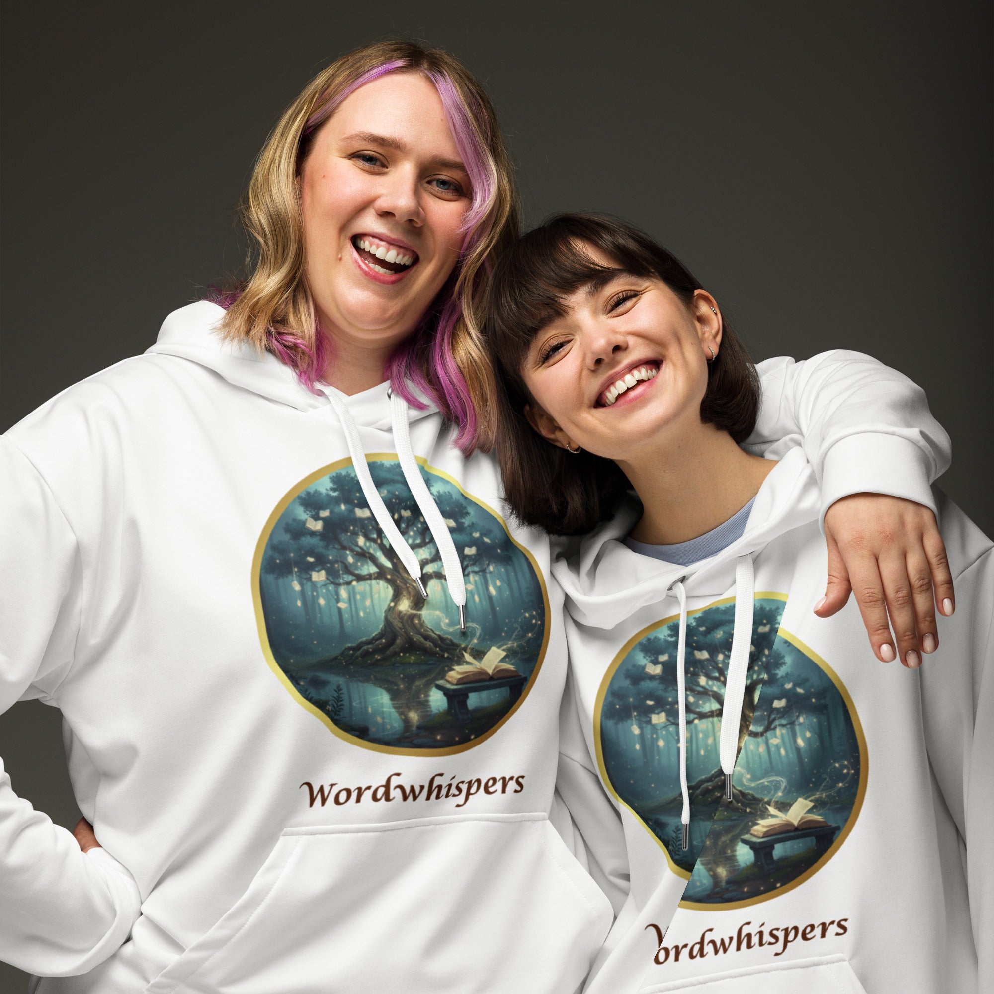 Book lover eco-friendly recycled hoodie white - Mystical Tree design - unisex literary apparel