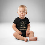 Book lover baby bodysuit with enchanted tree of storybooks design in black