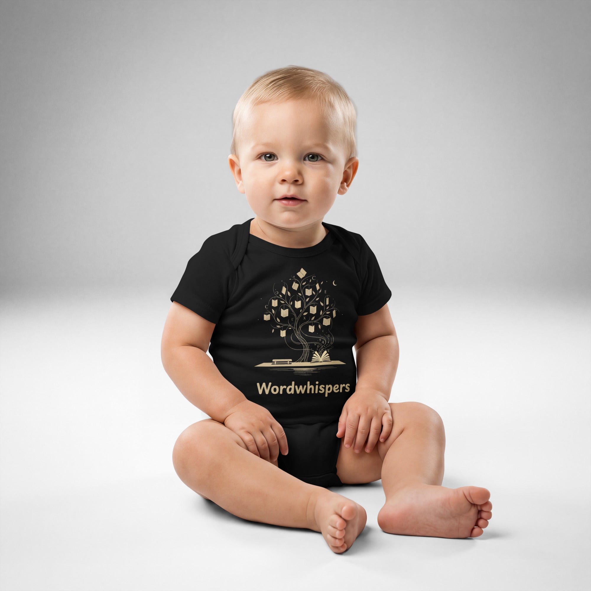 Book lover baby bodysuit with enchanted tree of storybooks design in black