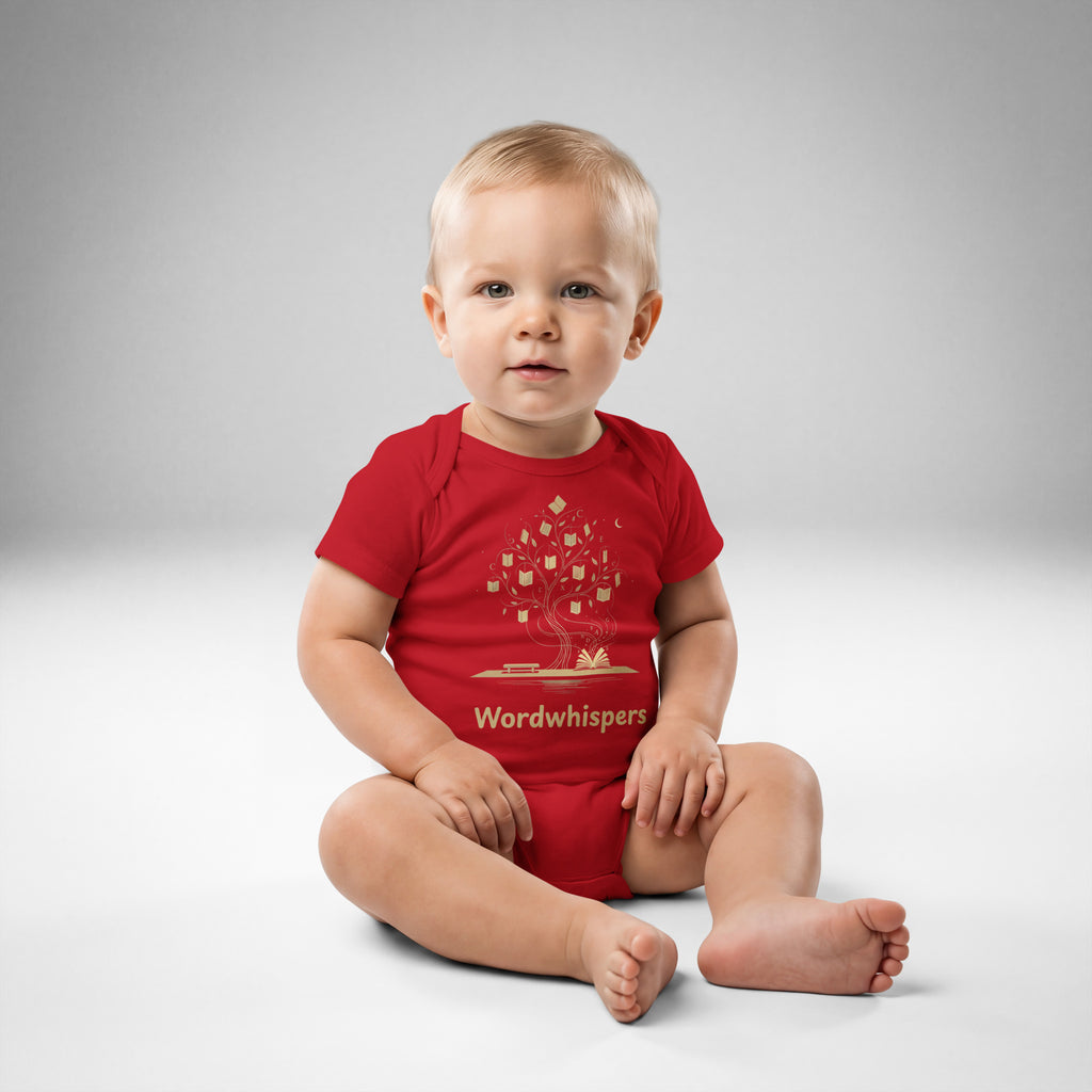 Book lover baby bodysuit with enchanted tree of storybooks design in red