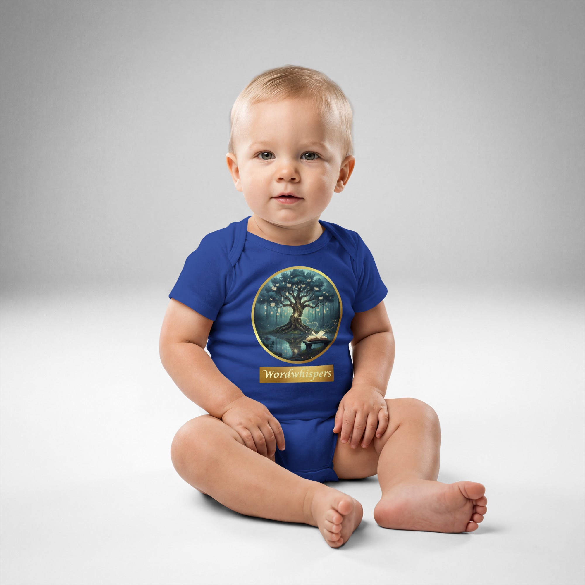 Little Bookworm Baby Bodysuit Enchanted Storybook Tree in royal