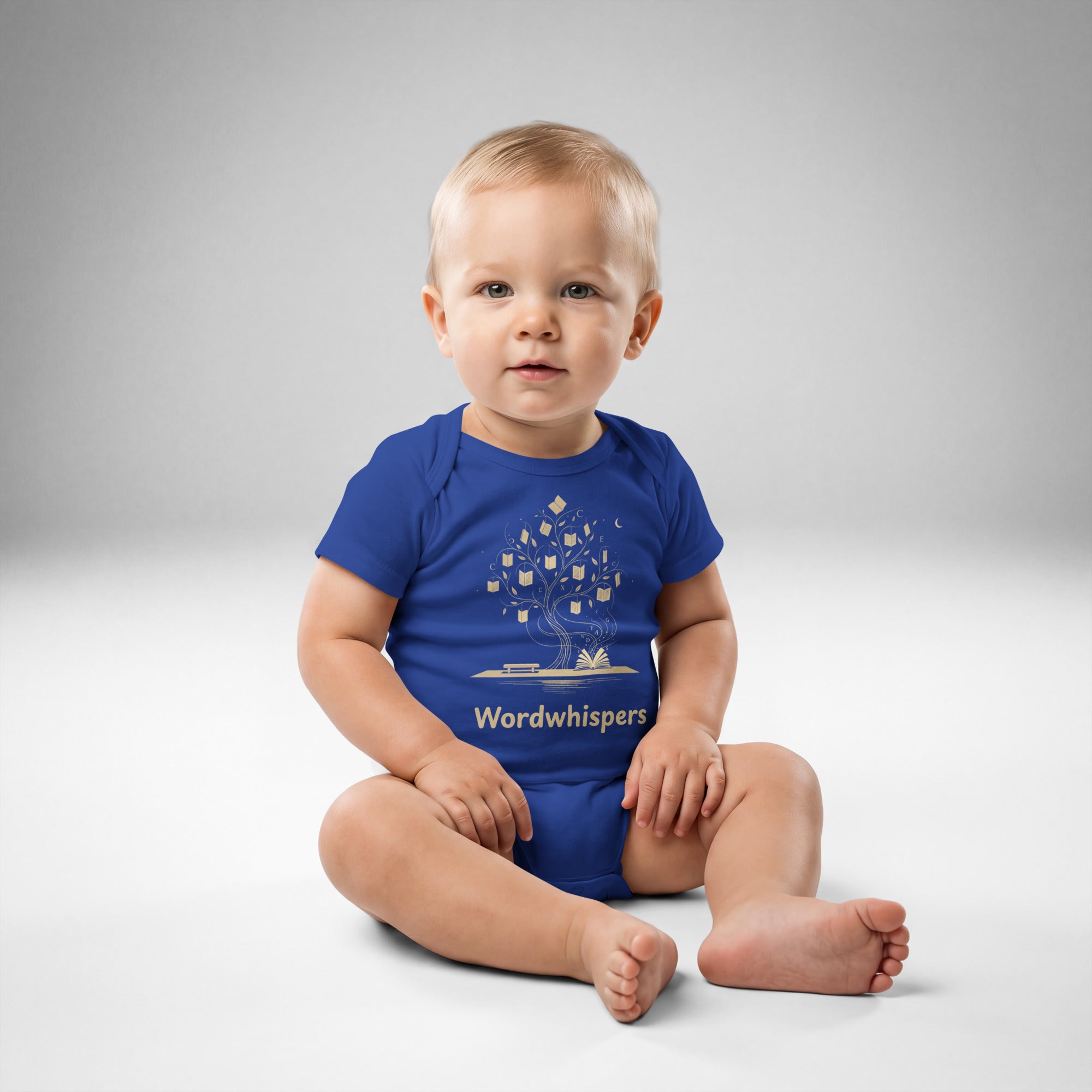 Book lover baby bodysuit with enchanted tree of storybooks design in royal