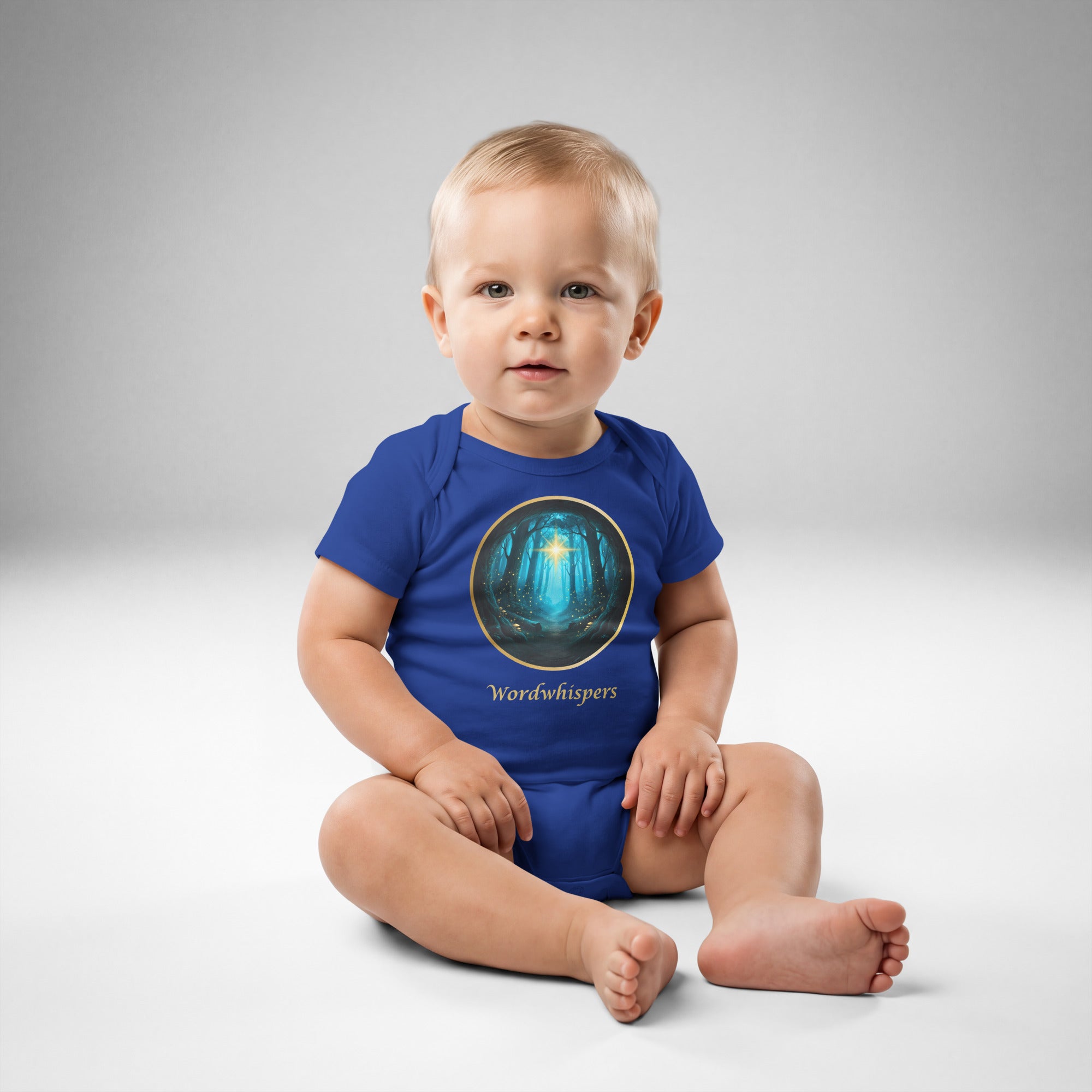 Little Bookworm Glimmer of Light baby bodysuit in royal