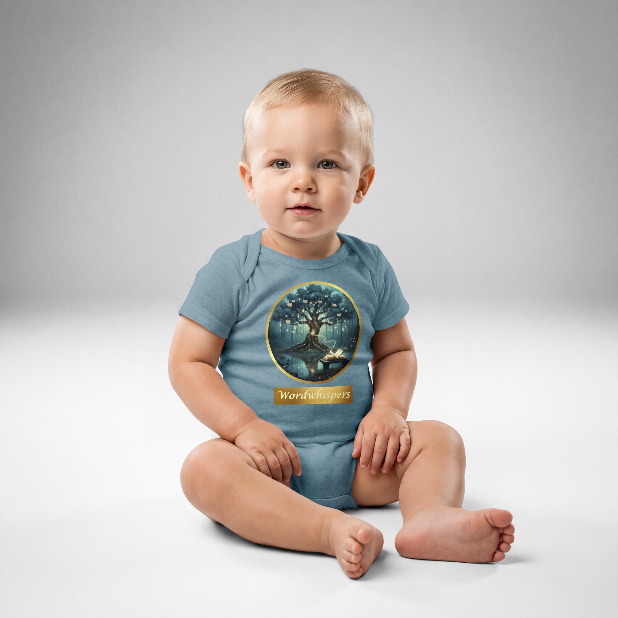 Little Bookworm Baby Bodysuit Enchanted Storybook Tree in vintage indigo