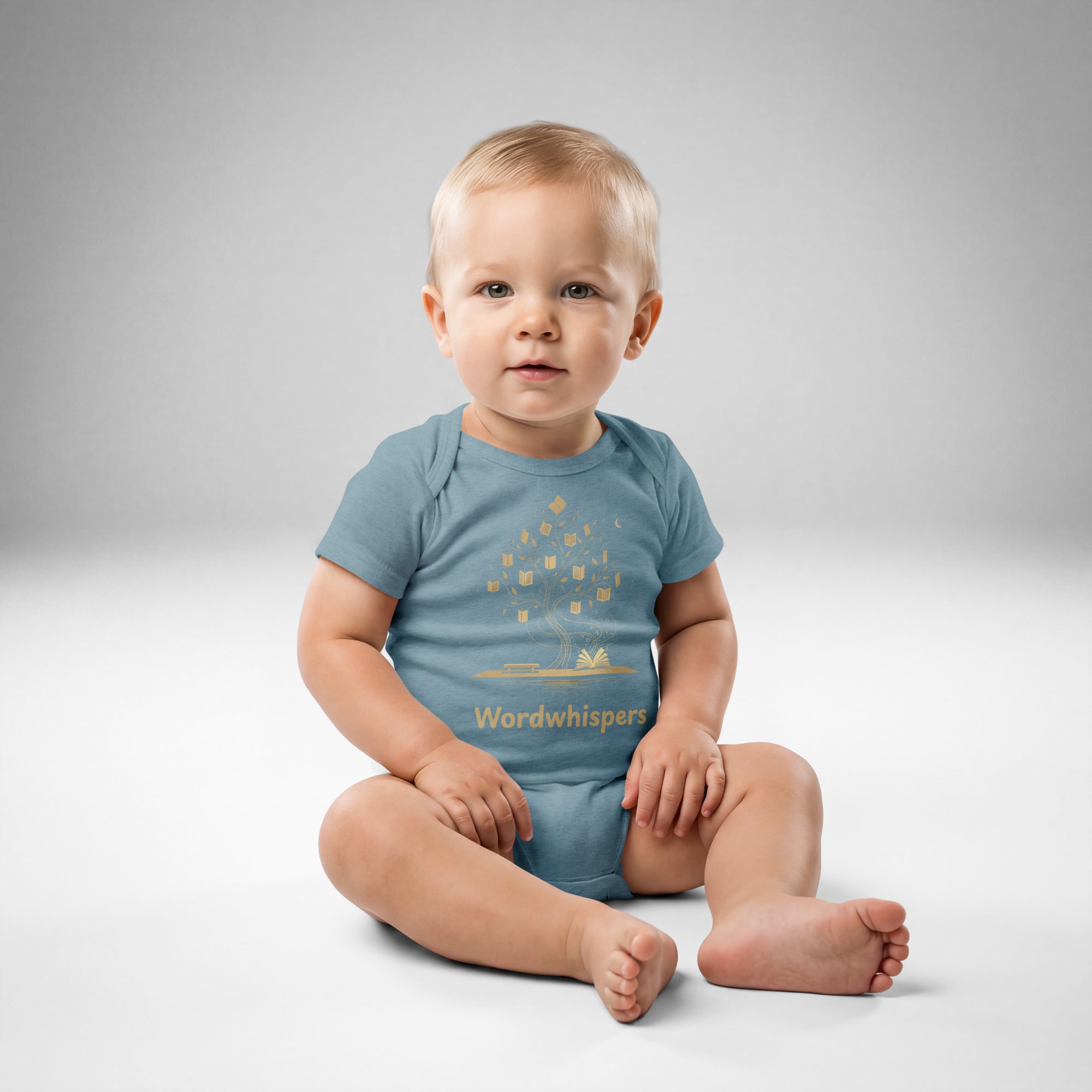 Book lover baby bodysuit with enchanted tree of storybooks design in indigo