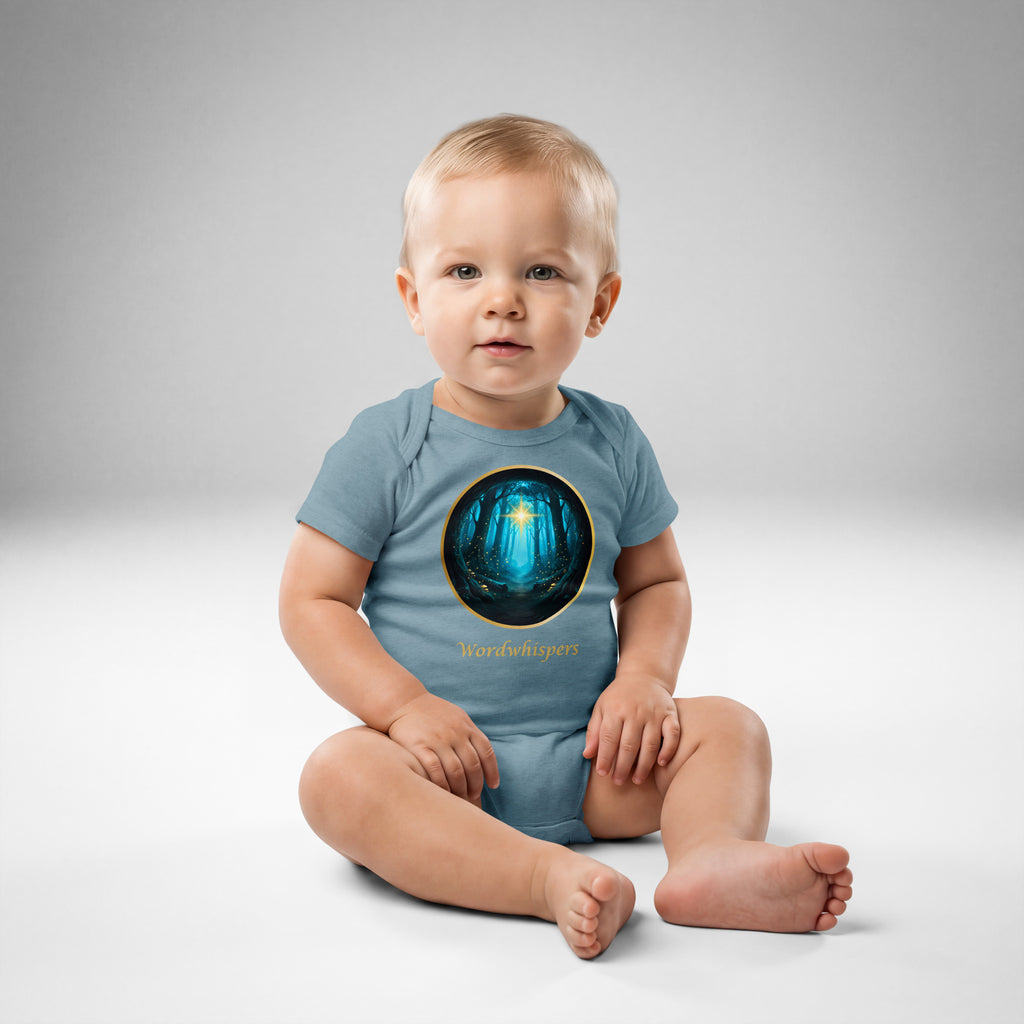 Little Bookworm Glimmer of Light baby bodysuit in vintage indigo